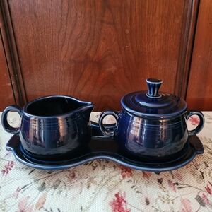 Fiesta Pottery Dark Blue CReamer & Sugar w/Tray